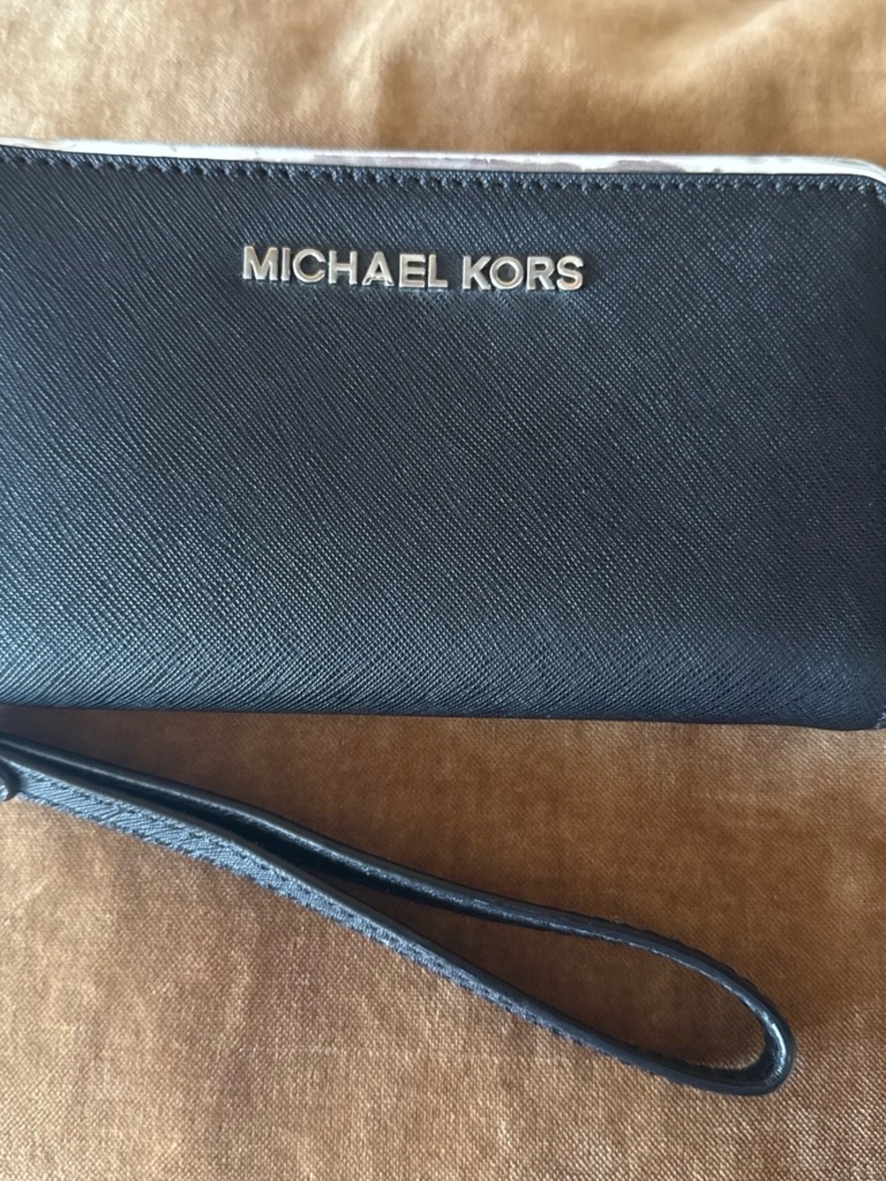 Michael Kors Black Saffiano Leather Wristlet Wallet with Silver Logo